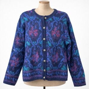 Vtg Mohair Floral Button Cardigan Blue Chunky Sweater L Cottagecore Granny Y2K